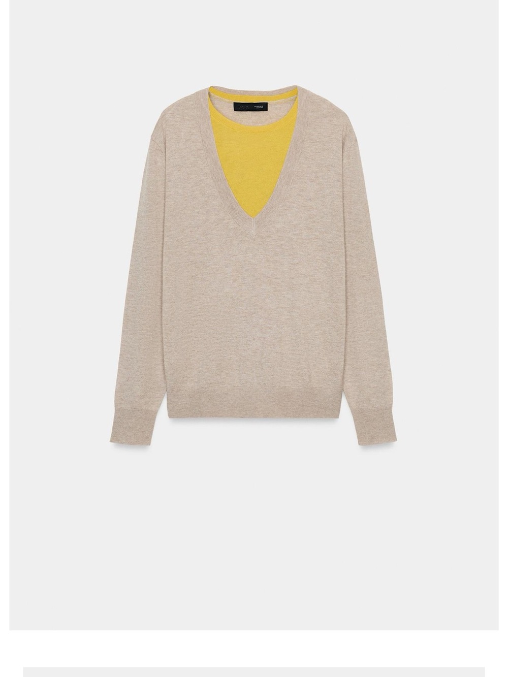 Zara Beige V-Neck Sweater with Yellow Inner Layer